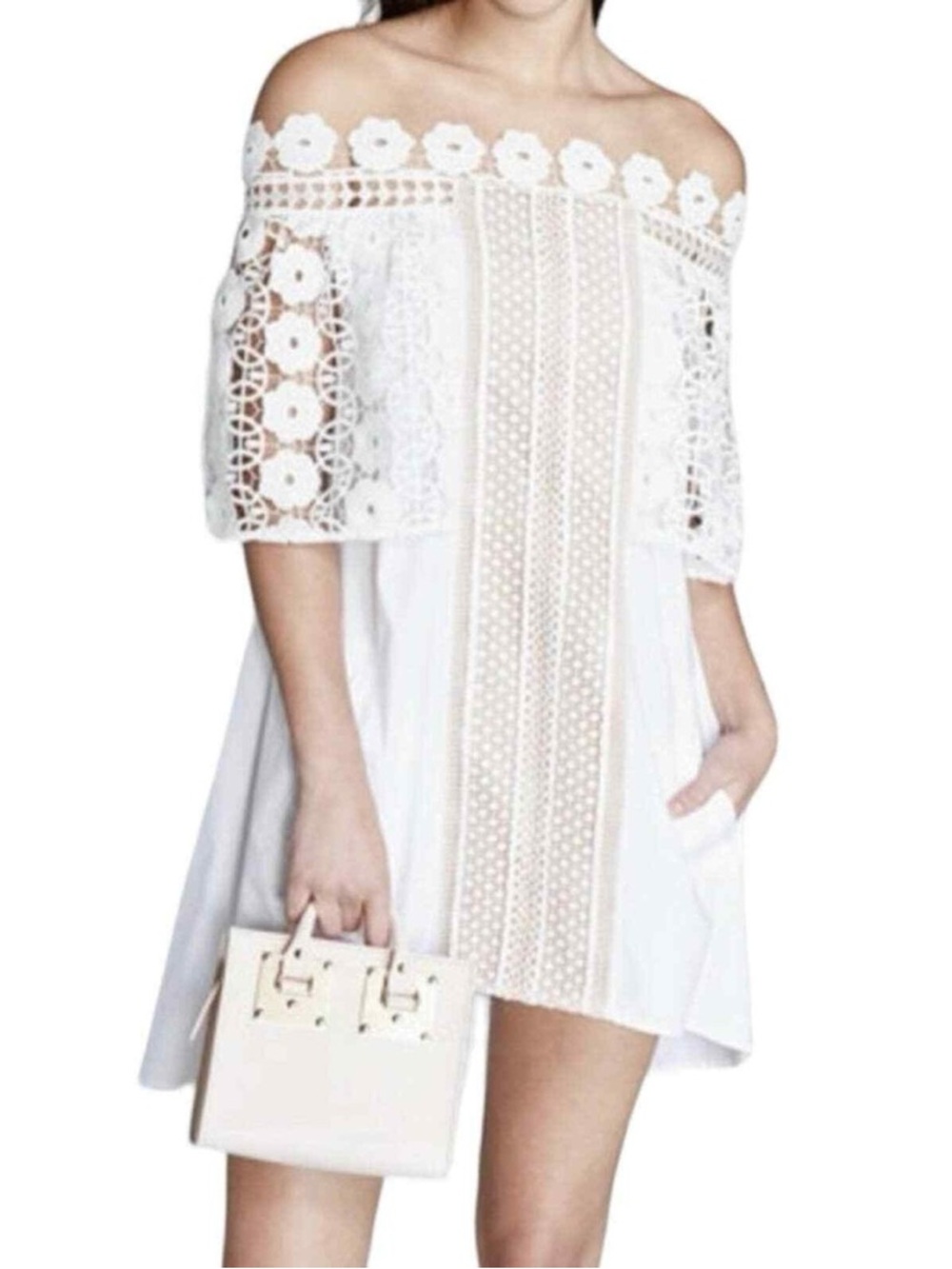 Self-Portrait White Serena Poplin Lace Off-the-Shoulder Mini Dress - US 2 (XS) - Picture 2 of 8